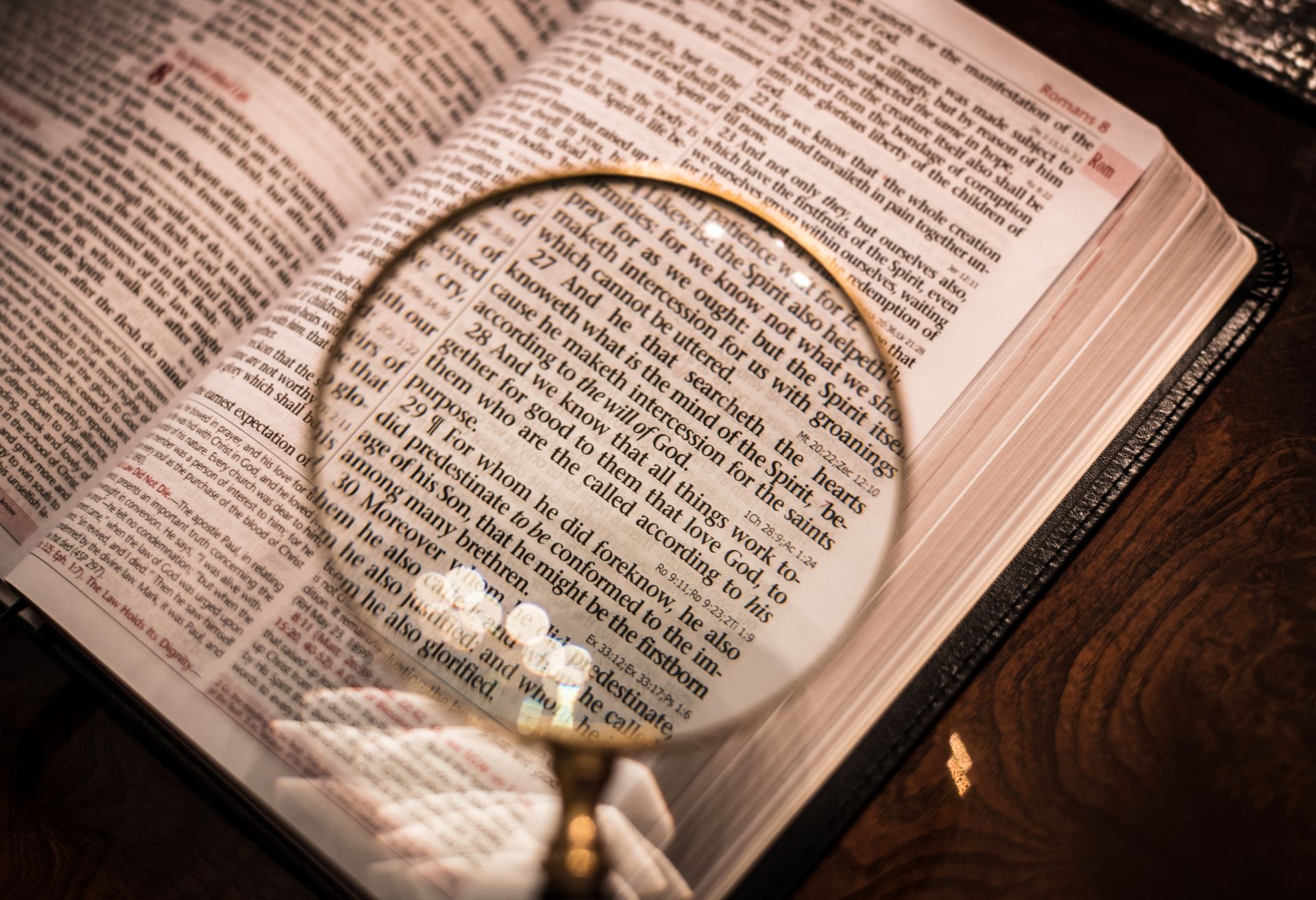 Image of a bible and magnifying glass